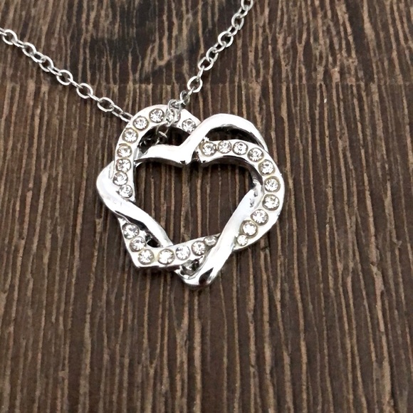 Rhinestone Double Heart Charm Sterling Silver Necklace - Picture 4 of 6